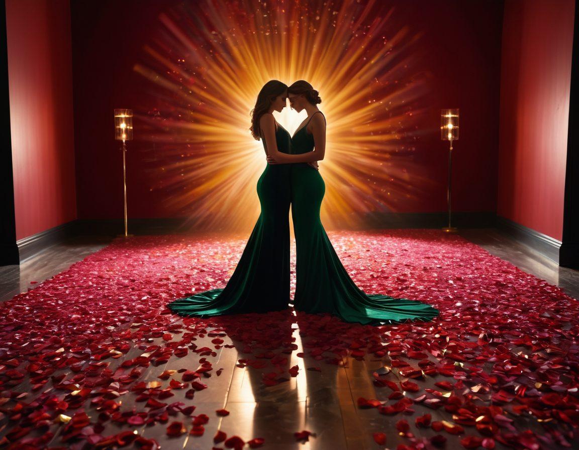 A thought-provoking scene featuring an abstract representation of an adult film set, adorned with film reels, romantic lighting, and silhouettes of diverse couples in various intimate poses. The backdrop should include thriving elements of sexuality, like colorful petals and flowing fabrics, that add a sense of mystery and allure. Use deep, rich colors to evoke emotion while maintaining a tasteful approach to the subject. surreal. vibrant colors. cinematic style.