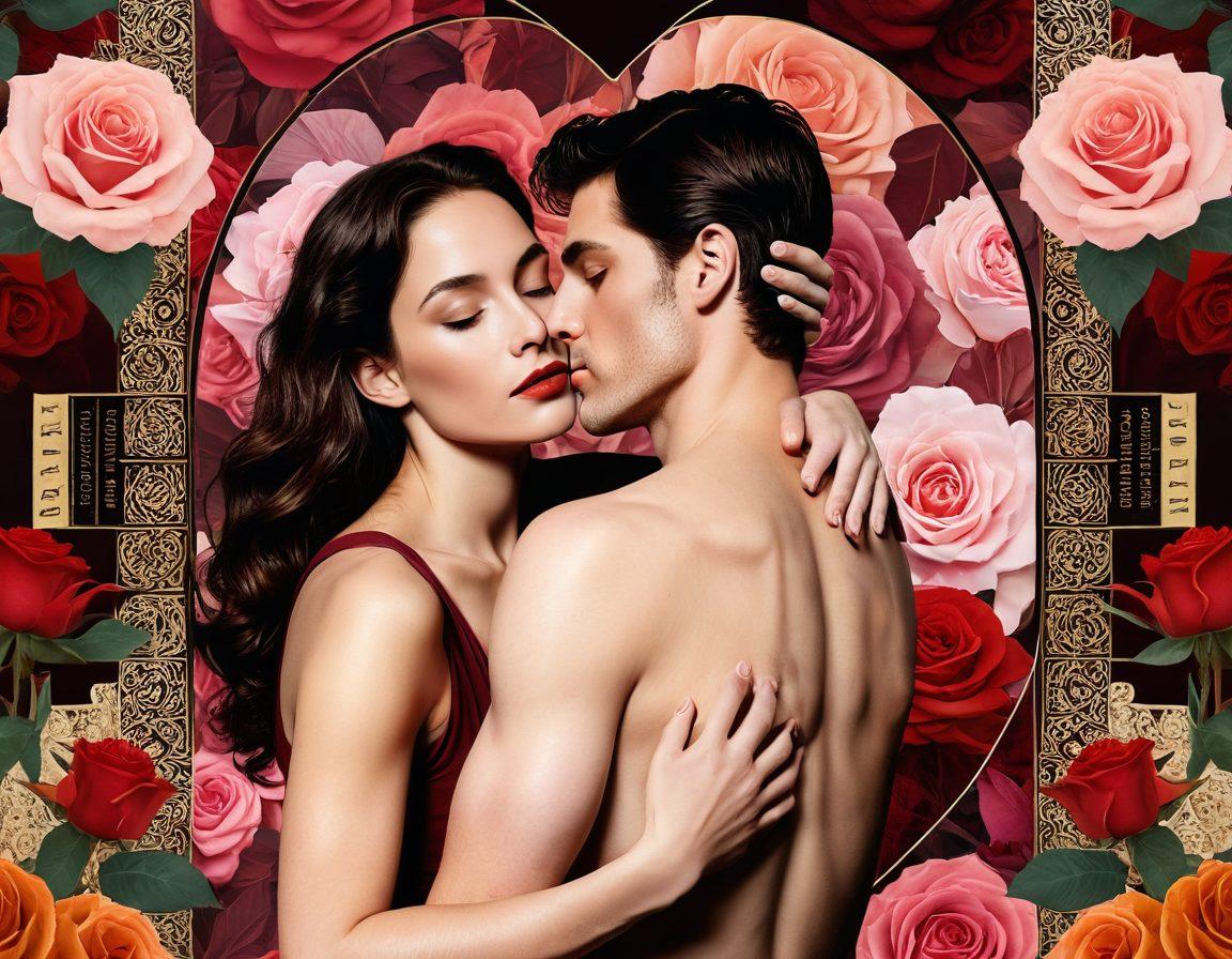 A thought-provoking illustration depicting a modern couple sharing a tender moment, intertwined with symbols of romance and intimacy, like roses and heart motifs, contrasted with film reels and adult film imagery subtly in the background. Incorporate elements of self-discovery and sexual wellness, with inviting warm colors to evoke a sense of comfort and openness. artistic collage. vibrant colors. surrealism.