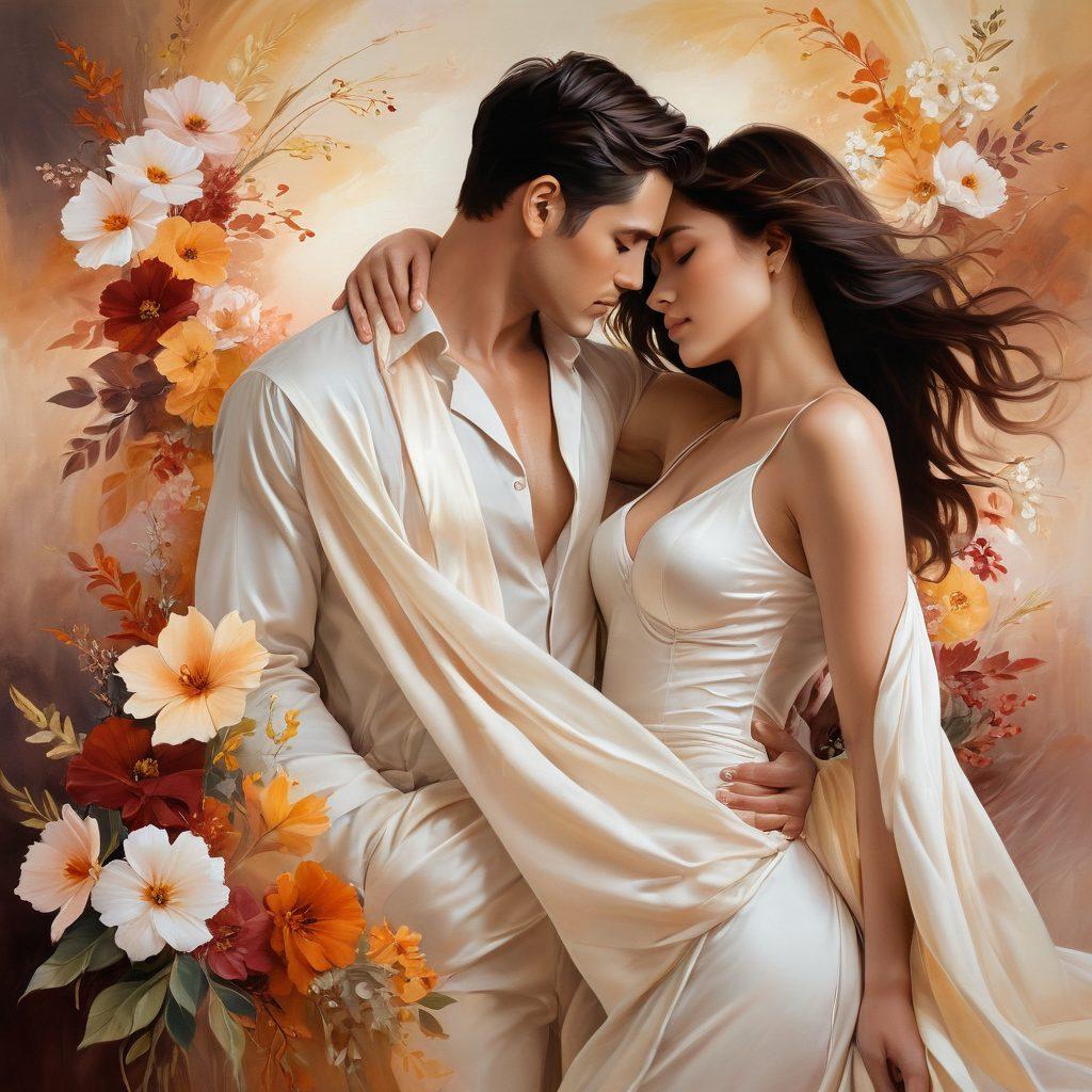 A sultry, intimate scene depicting diverse couples in various stages of closeness, intertwined in soft, warm lighting. Include elements of art such as flowing fabrics, abstract shapes representing pleasure, and subtle hints of nature like flowers or soft waves to symbolize connection. The atmosphere should be both inviting and sensual, evoking a sense of exploration and intimacy. painting. warm tones. soft focus.
